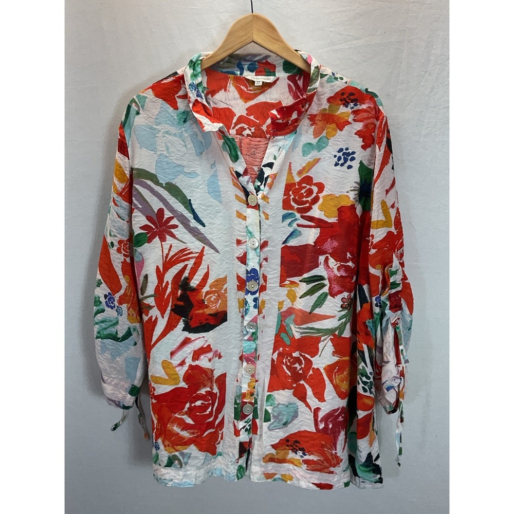 John Mark Women's 2X Boho Blouse‎ Button Up Floral Art to Wear Ruched Tie Sleeve